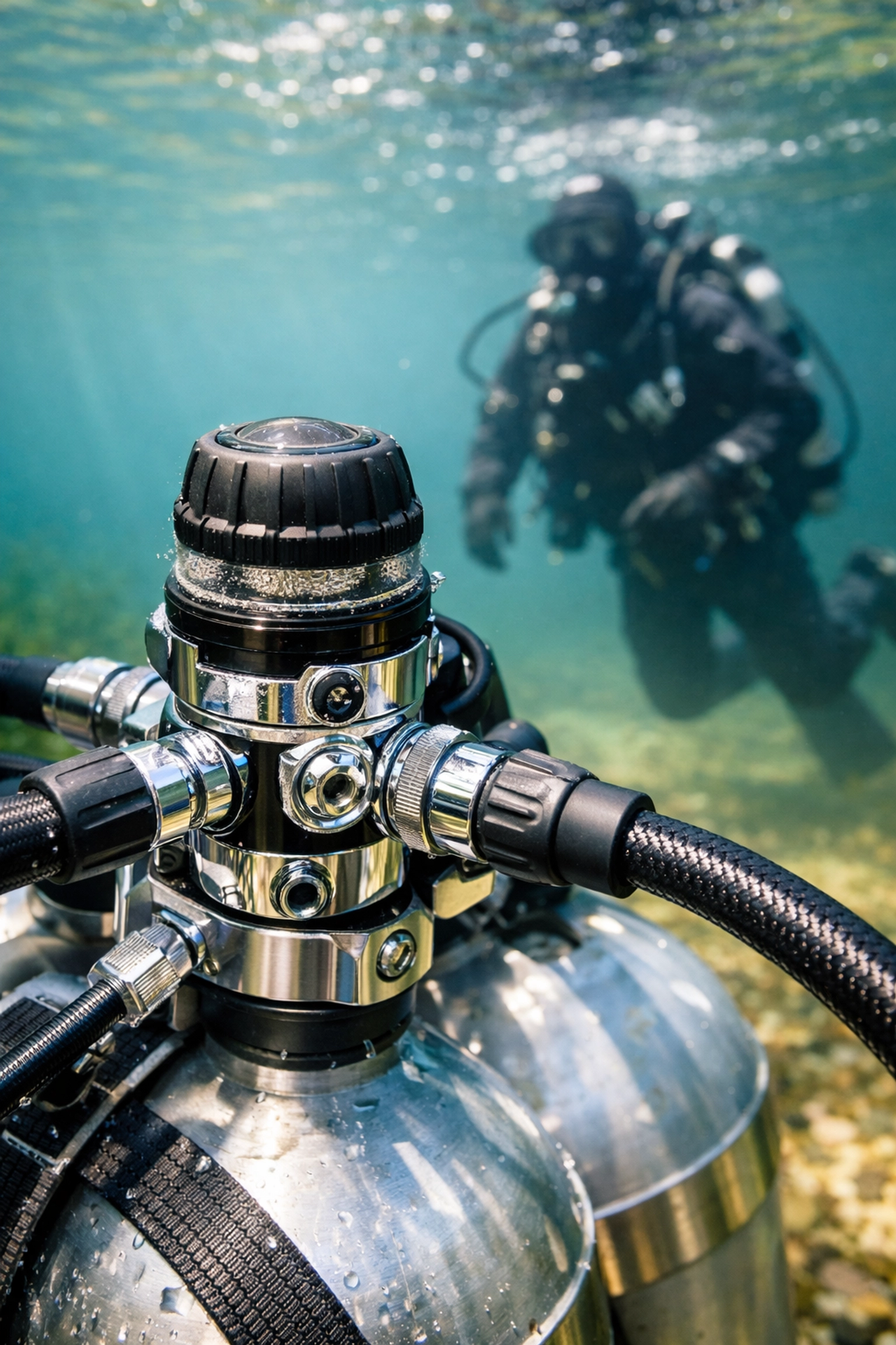 Membrangesteuerte erste Stufe eines Atemreglers für sicheres Kaltwassertauchen am Doppelgerät montiert.