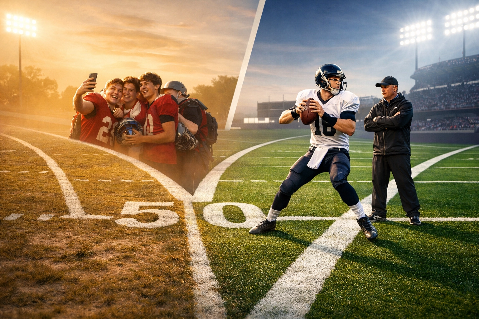 Football field path choice between following the crowd and joining a quarterback academy for technical development.