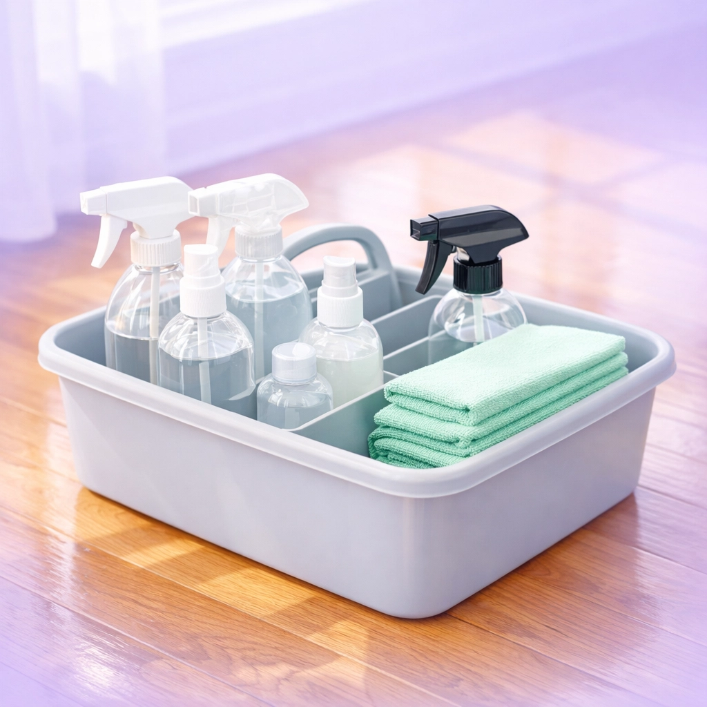 Professional house cleaning supplies on a sunlit hardwood floor, representing reliable service in Waterloo IA.