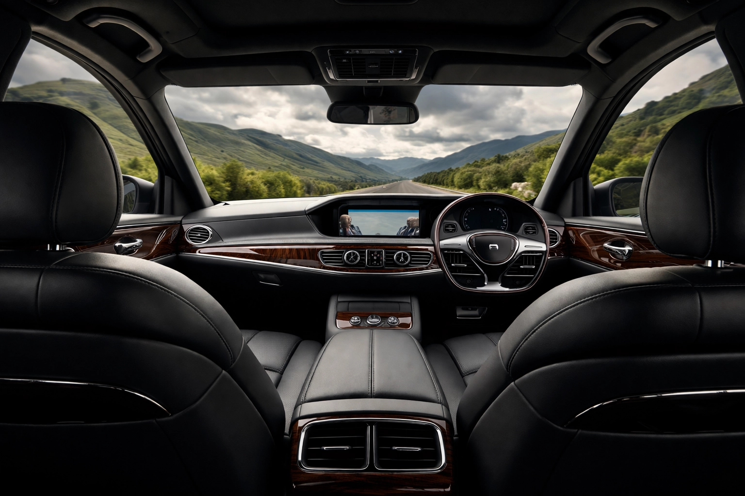 View from inside a luxury private transfer car driving from Dublin Airport to Belfast with scenic countryside