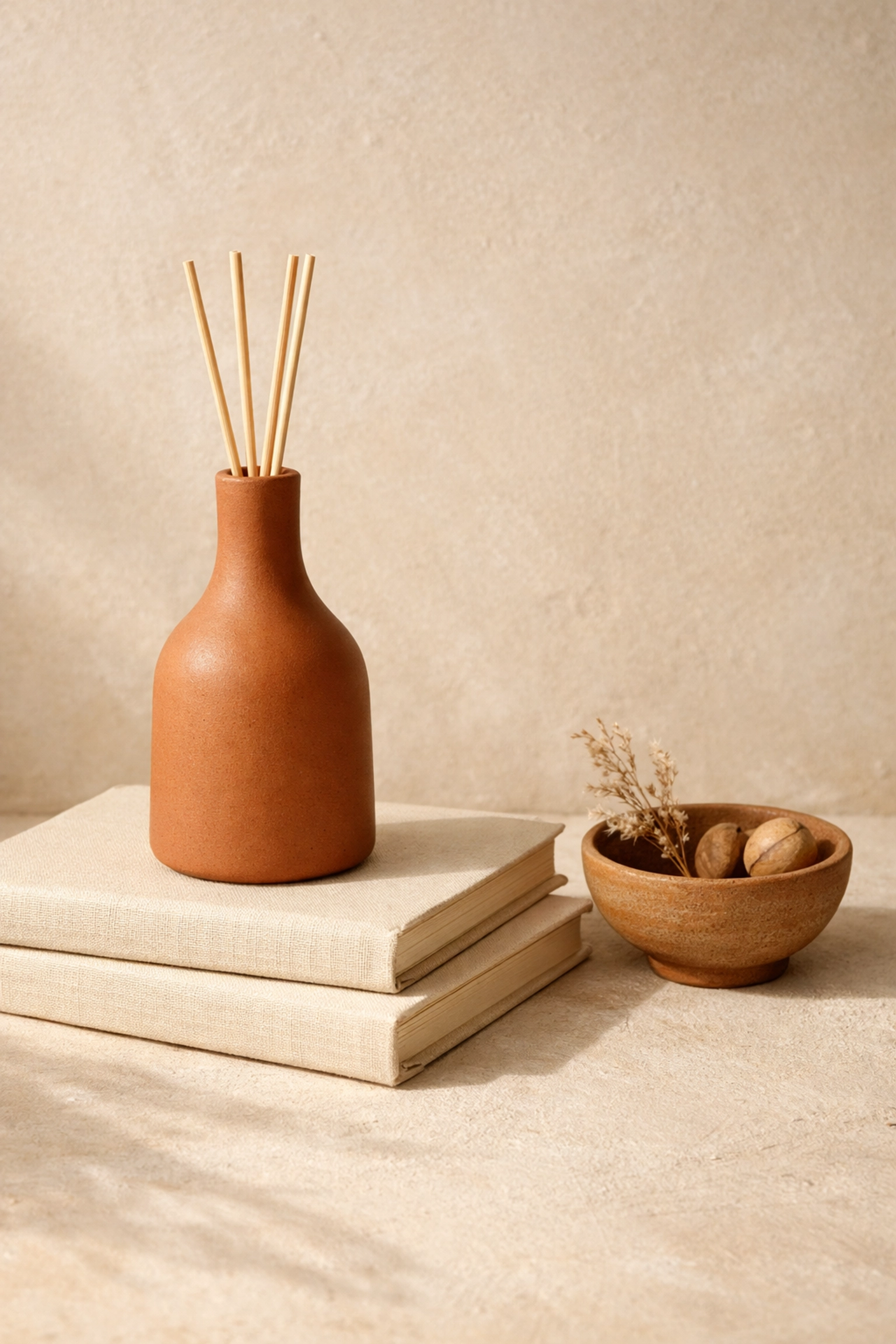Minimalist ceramic reed diffuser with a narrow neck, styled on a wooden table for optimal scent longevity.