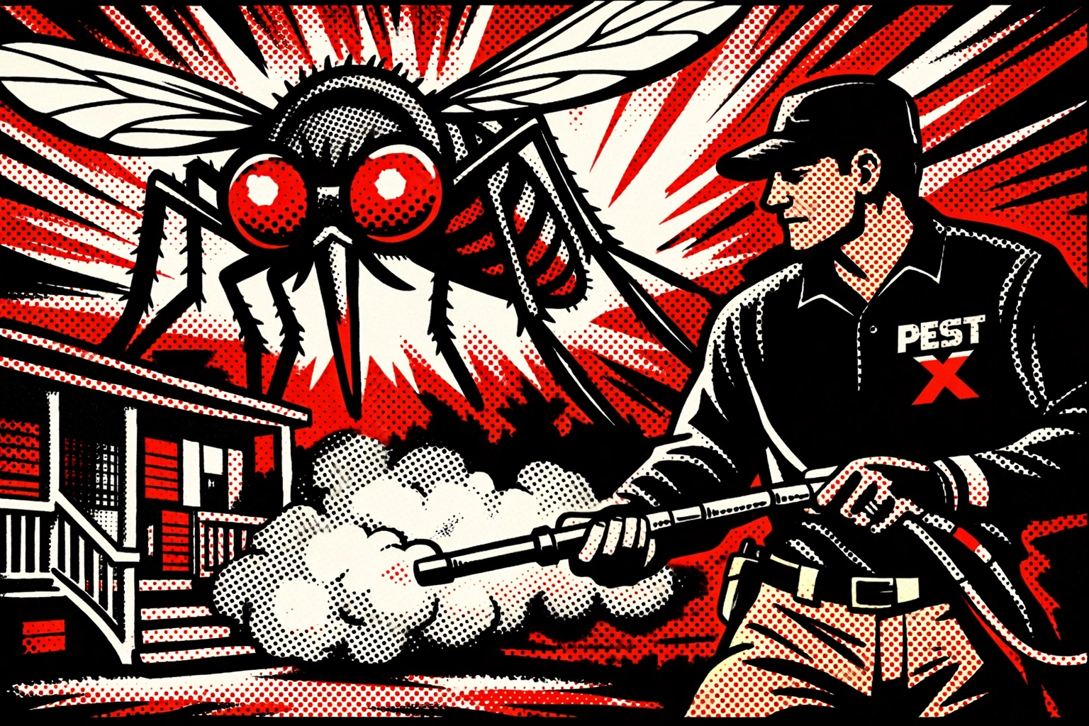 Pest X technician performing mosquito control services on a backyard porch in Haleyville.