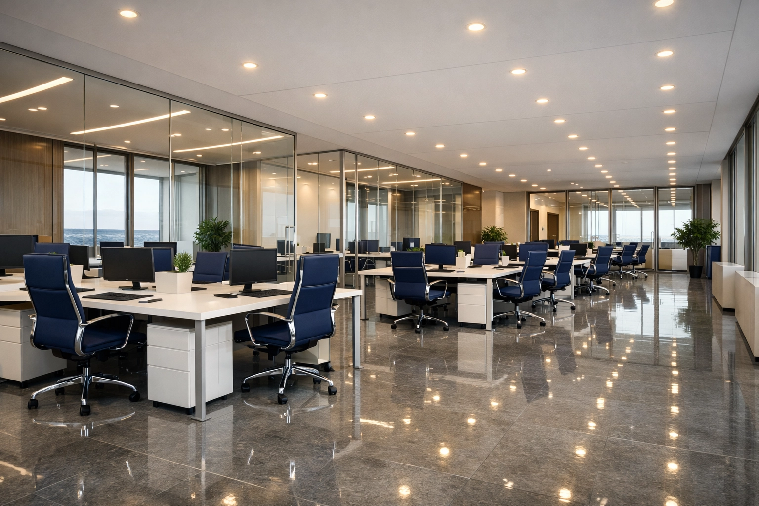 Professional commercial cleaning services in a modern Buzzards Bay office with polished floors and glass partitions.