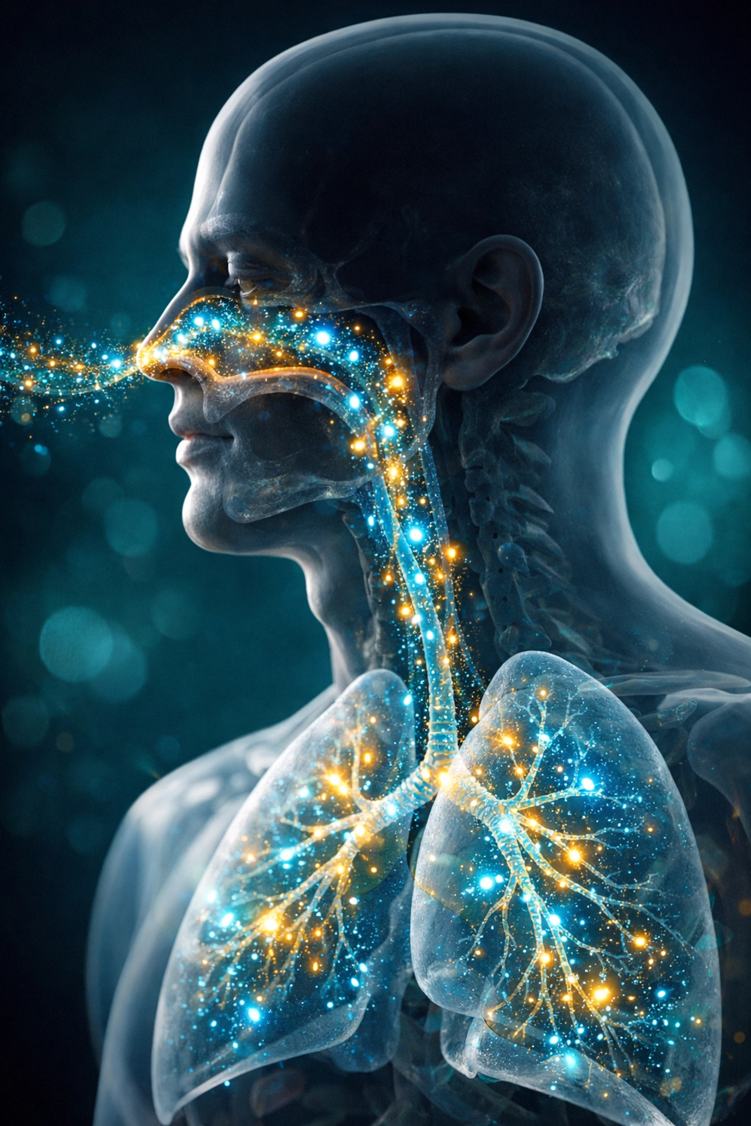 Medical visualization of nitric oxide flowing through the nasal cavity into lungs for optimal oxygen delivery.