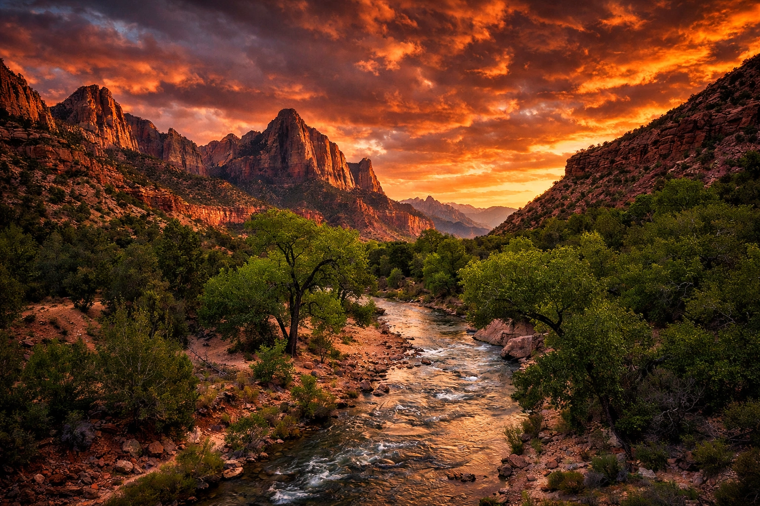 Zion National Park sunset featuring leading lines from the Virgin River, a top landscape photography location.