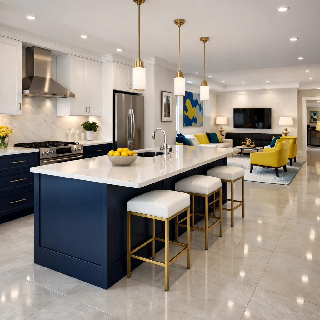 High-end apartment interior with spotless hard floors and a polished kitchen island from professional cleaning.