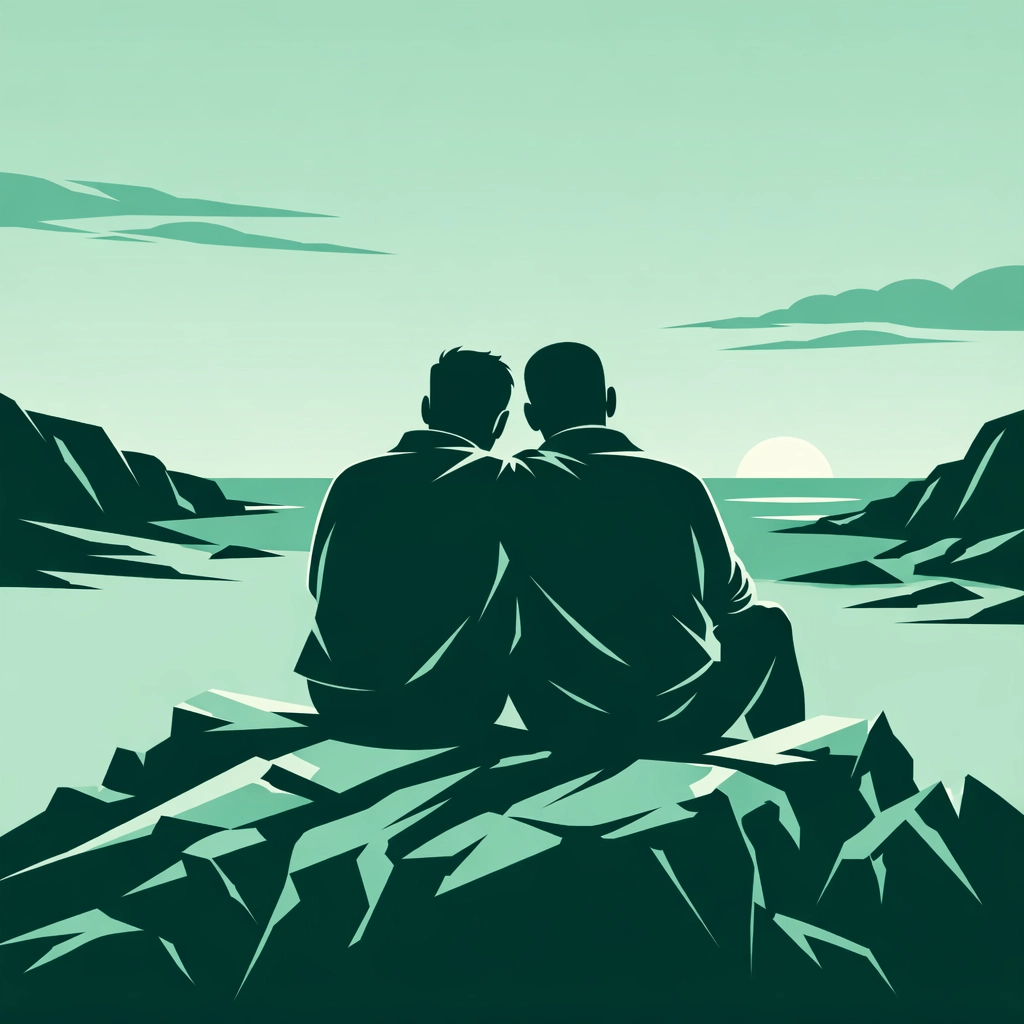 A resilient gay couple sitting together, illustrating the emotional depth and hope found in MM books.