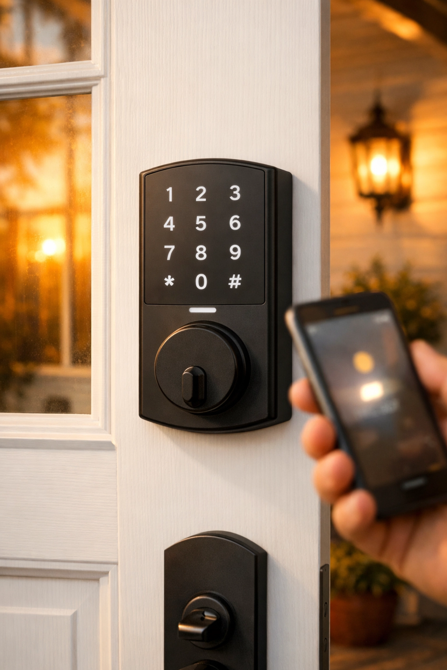 Smart lock with keyless smartphone entry on a stylish white cottage door for modern digital nomads.