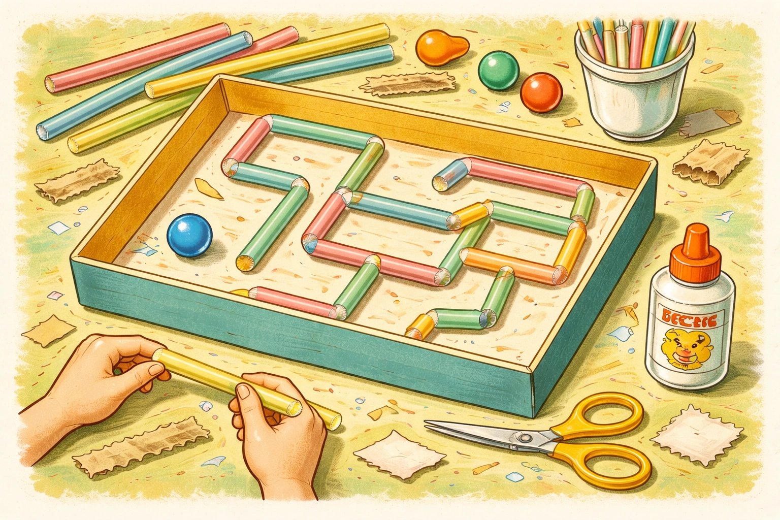 Overhead view of a marble maze in progress inside a shoebox, with straws as winding paths