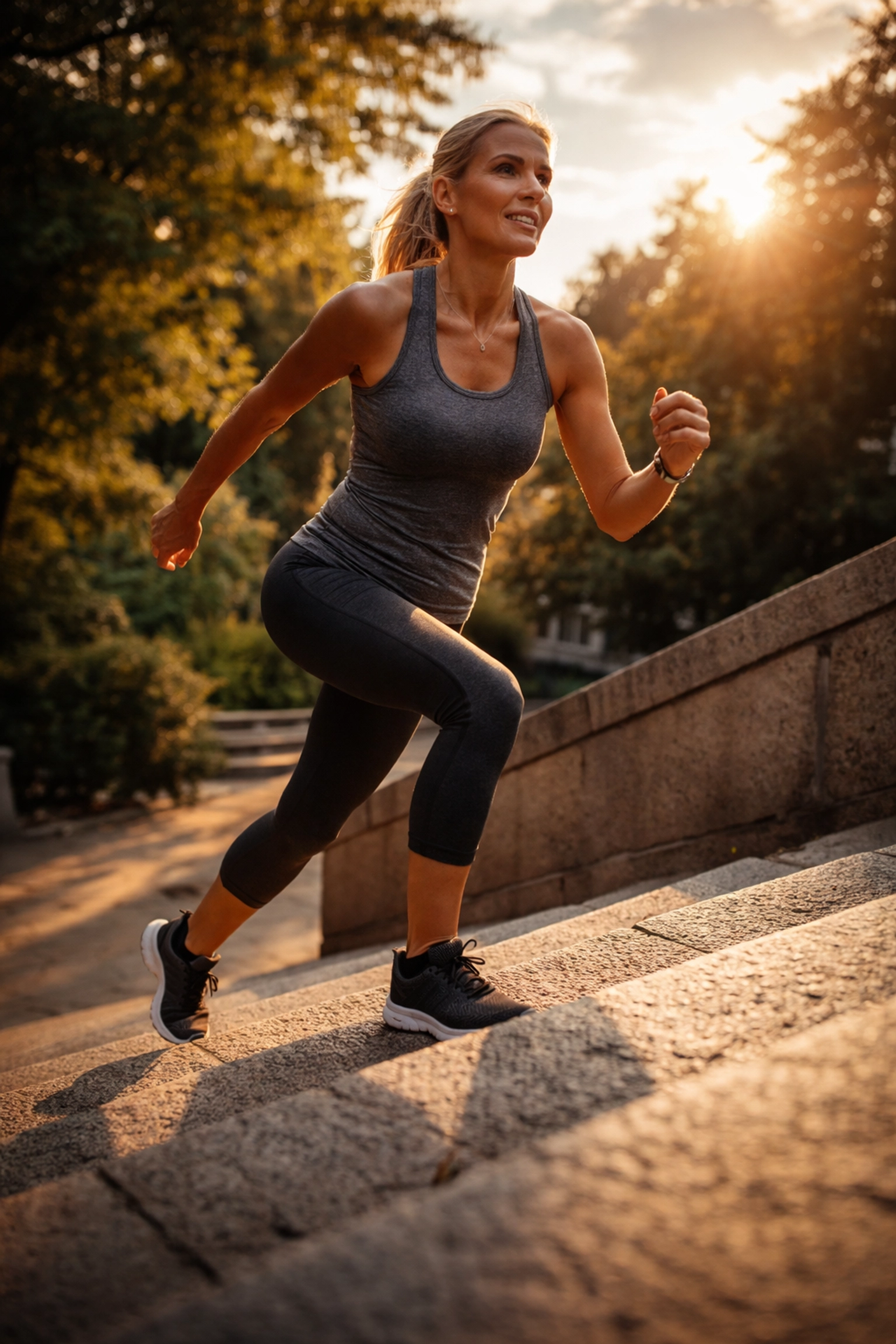 Woman in her 50s climbing outdoor stairs, demonstrating functional strength and vitality from glute workouts.