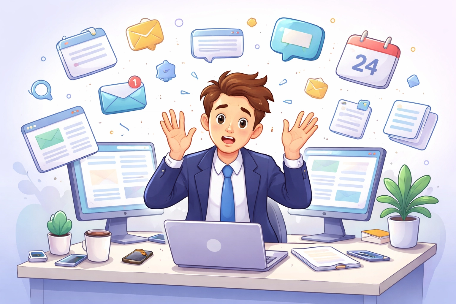 Overwhelmed business professional at desk surrounded by multiple app icons, illustrating tool-hopping challenges in SMBs