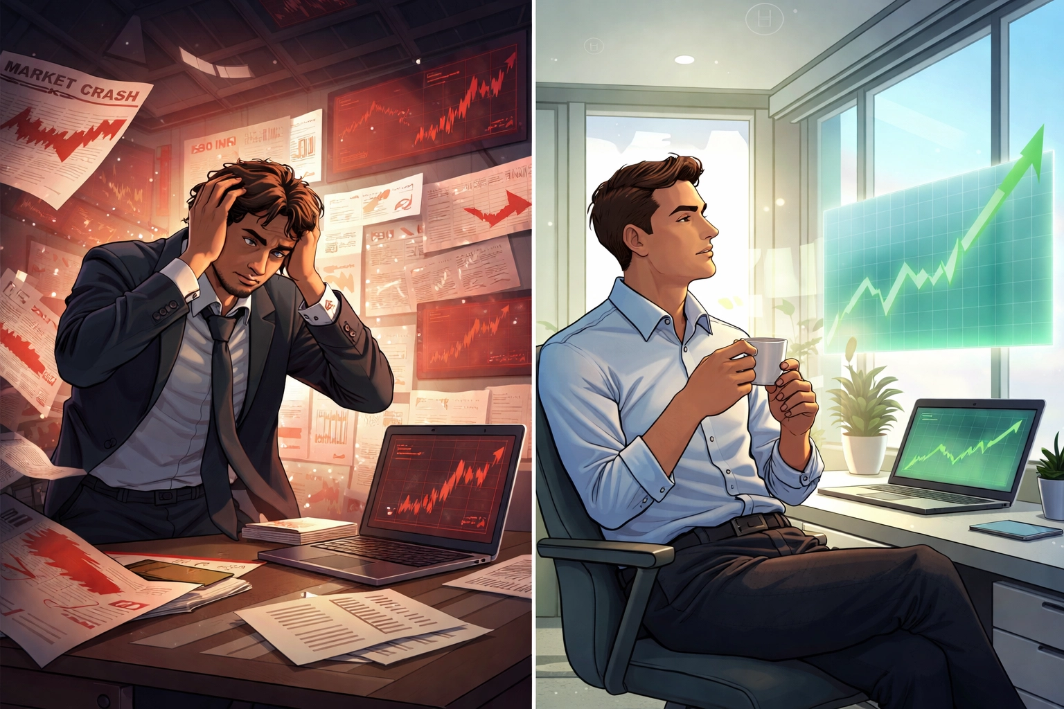 Split scene of stressed and calm investors, showing the importance of disciplined investment strategies during market volatility