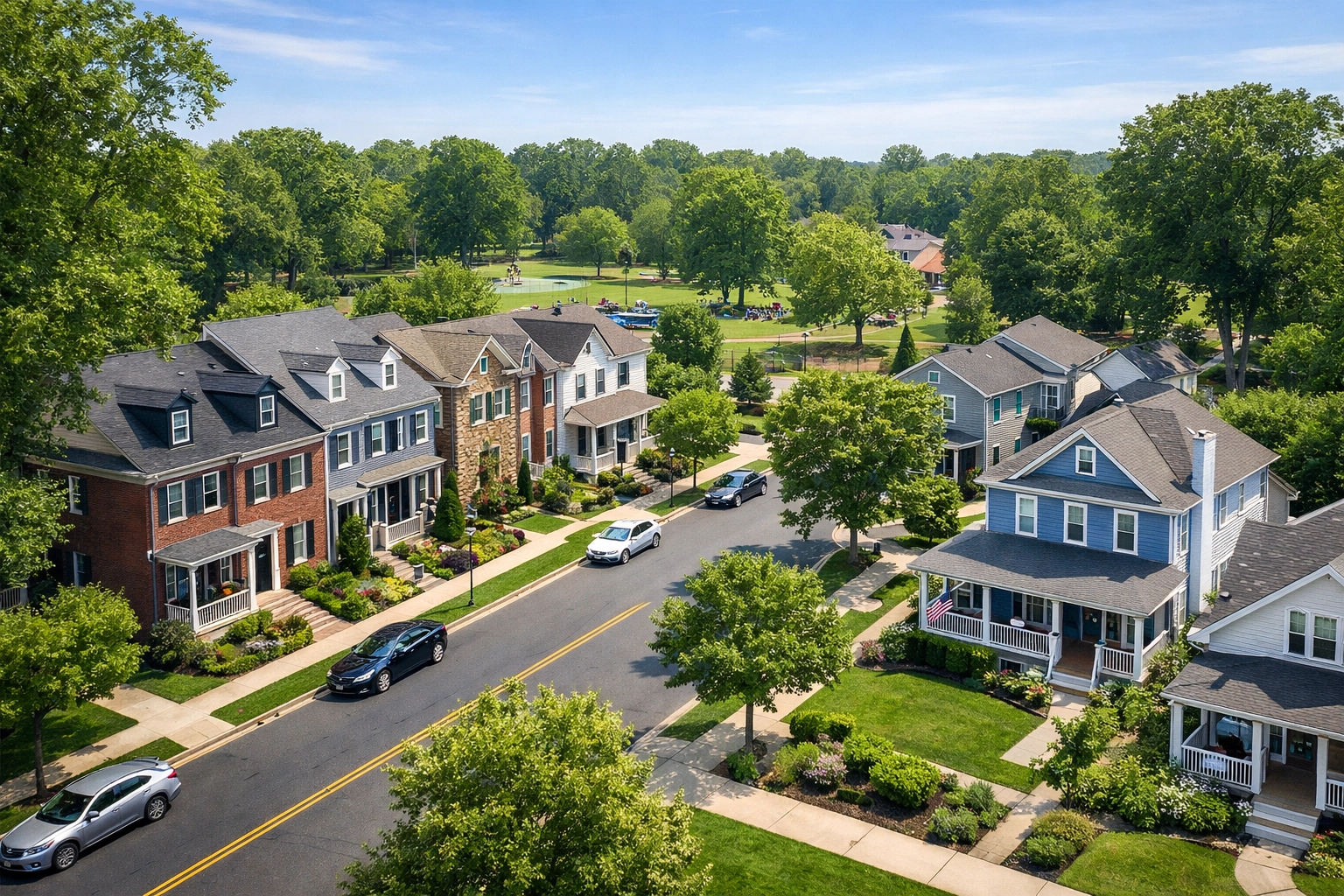 Tree-lined South Jersey neighborhood featuring townhomes and single-family homes in Camden County