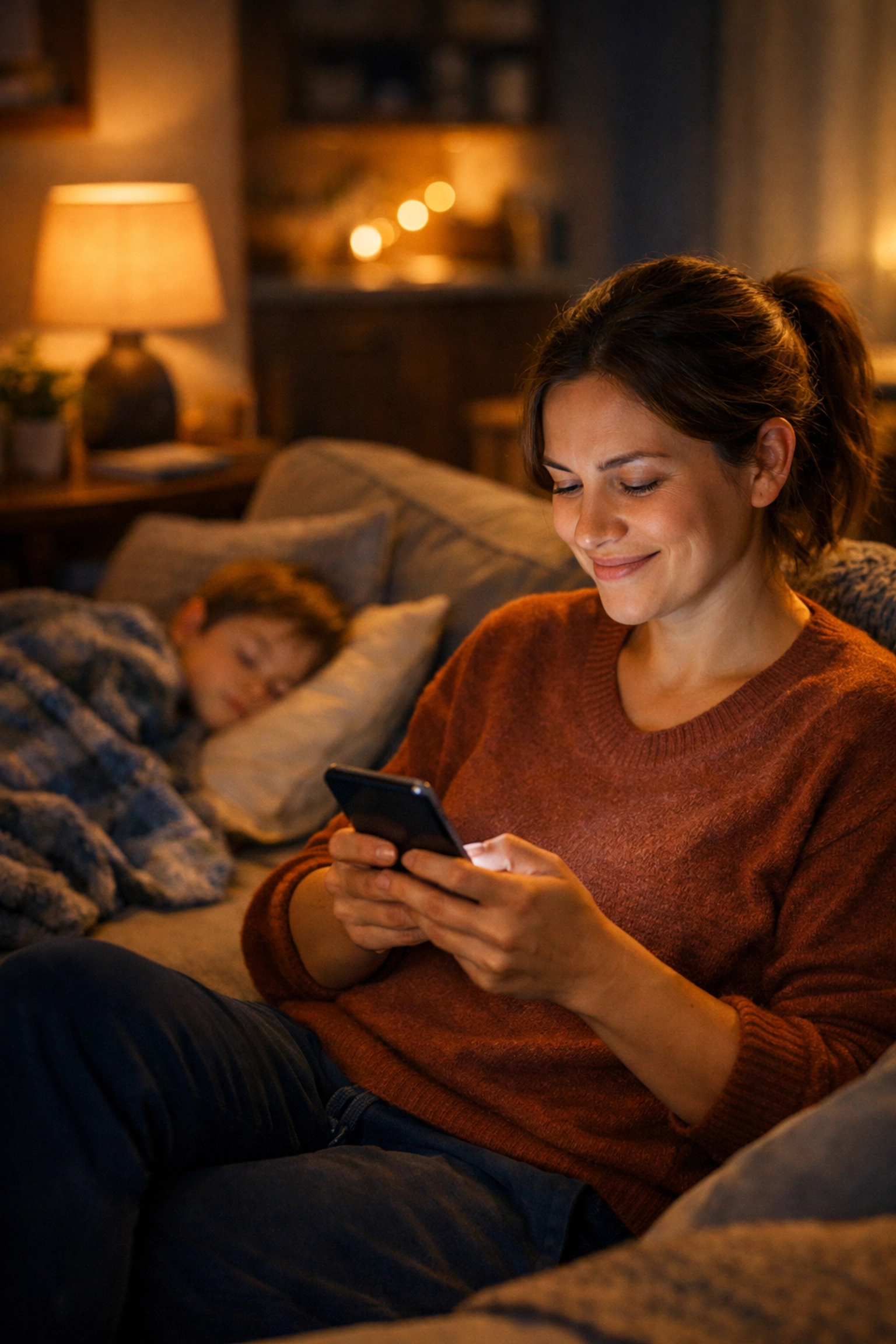 Parent using online medical chat at night while child sleeps peacefully at home