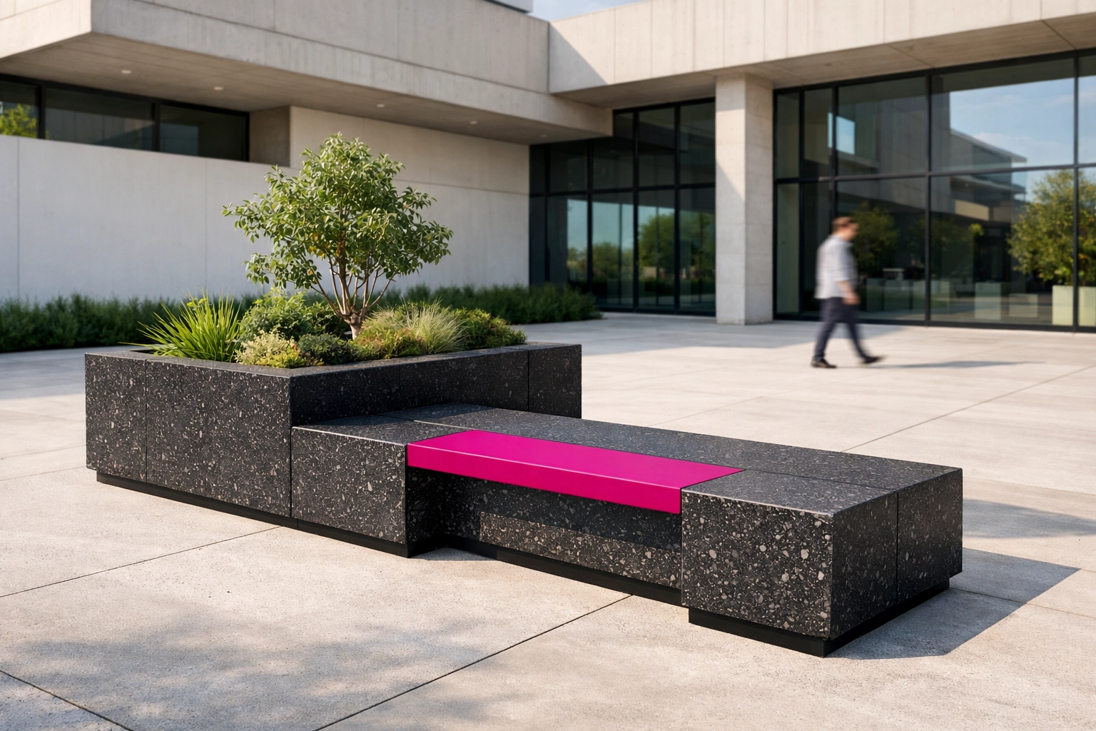 Sustainable outdoor furniture made from recycled plastic panels in an Australian commercial courtyard.