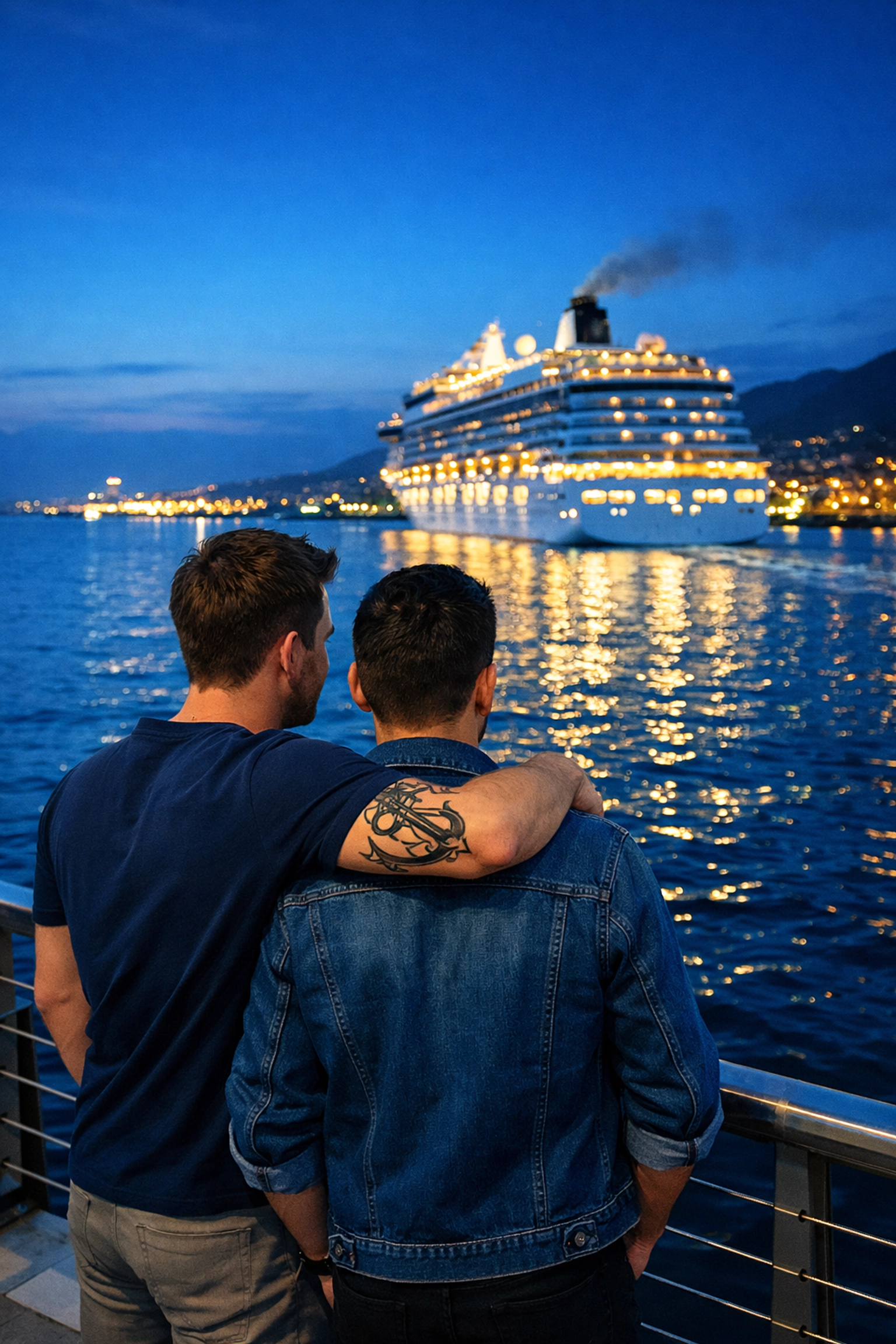 Modern gay couple on a harbor pier at blue hour, representing the enduring spirit of maritime queer connection.