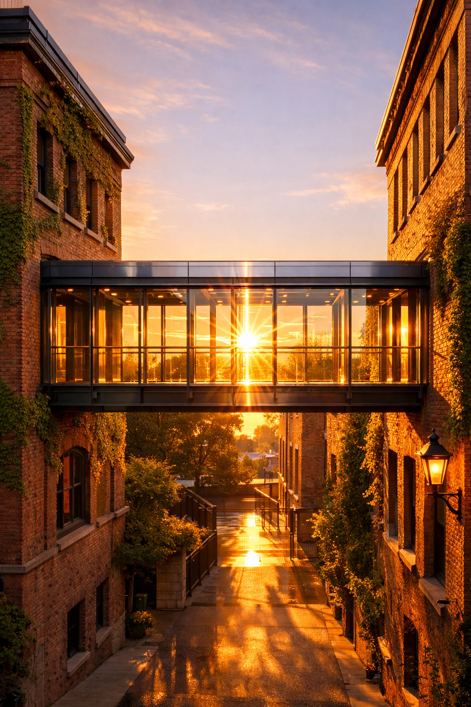 A modern glass bridge connecting buildings, symbolizing a secure network for therapy covered by insurance.