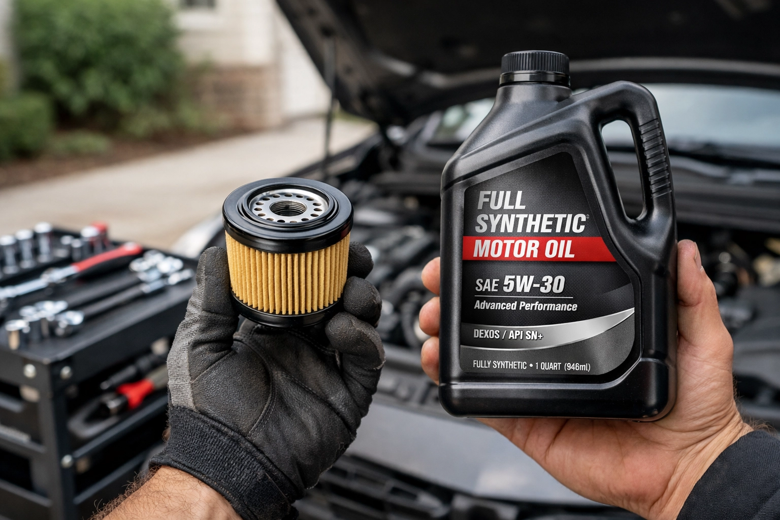 Professional mechanic holding premium oil filter and synthetic motor oil for quality mobile service