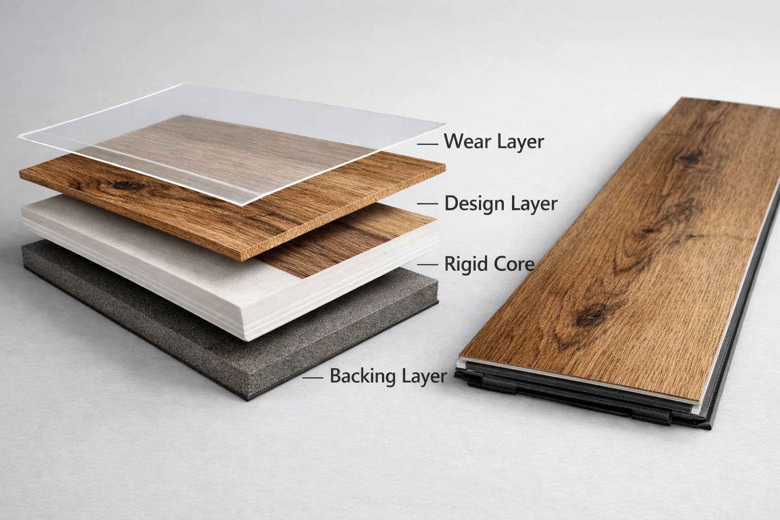Cross-section view of rigid-core luxury vinyl plank flooring layers and construction