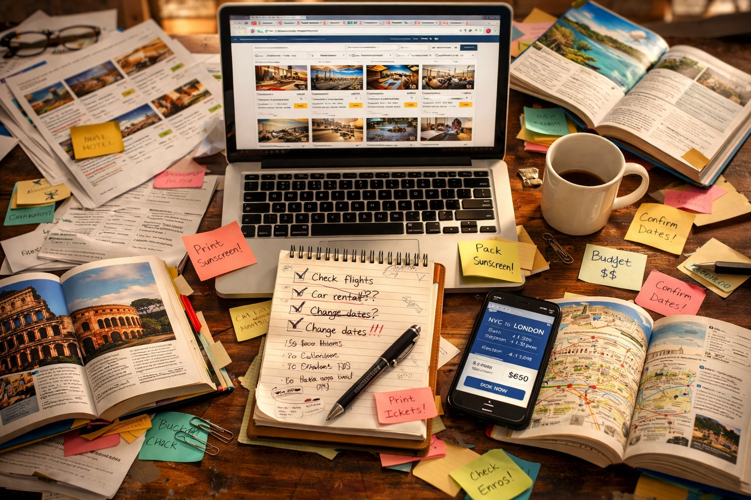 Overwhelmed traveler with laptop, multiple browser tabs, and scattered notes during DIY travel planning