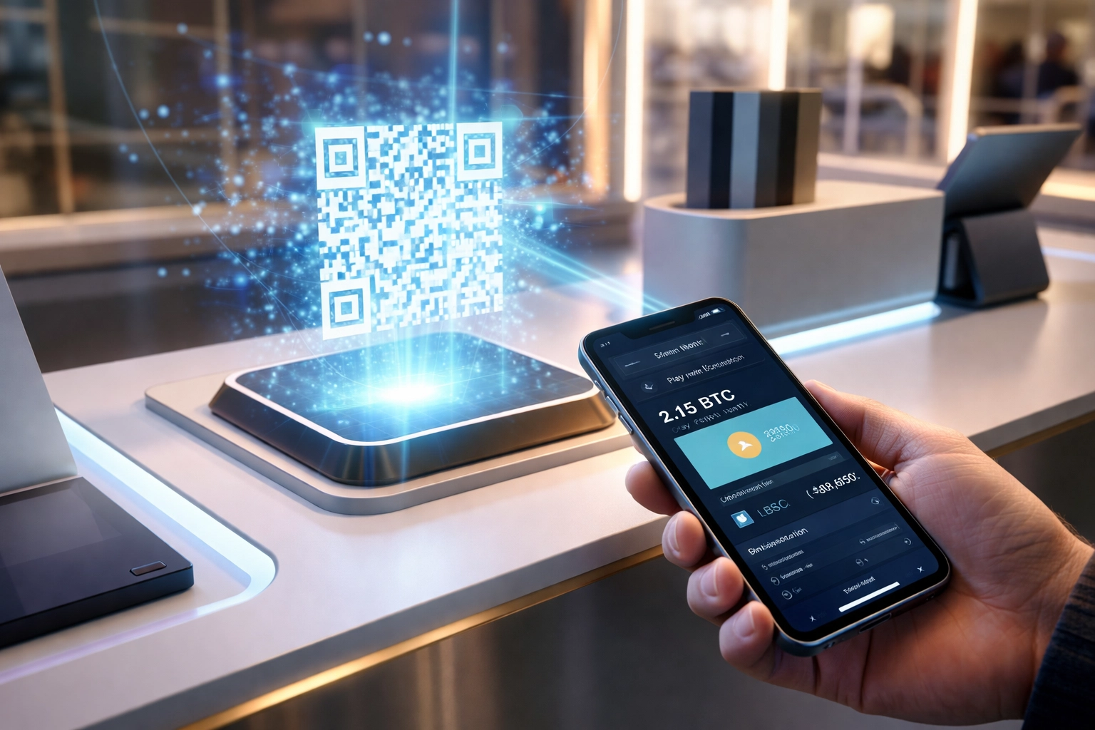 A customer scans a crypto POS QR code at a modern checkout, showcasing seamless self-custody payments for merchants.