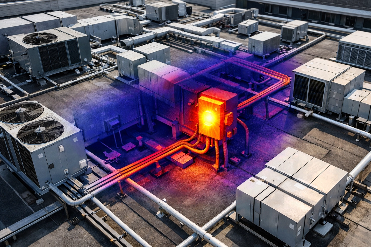 High-resolution aerial thermal scan of commercial building rooftop identifying electrical hotspots and HVAC issues.