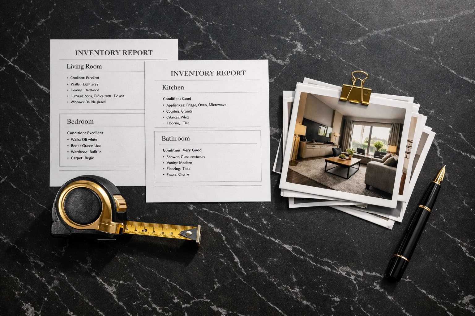 Organized property inventory documentation system with detailed reports and measuring tools