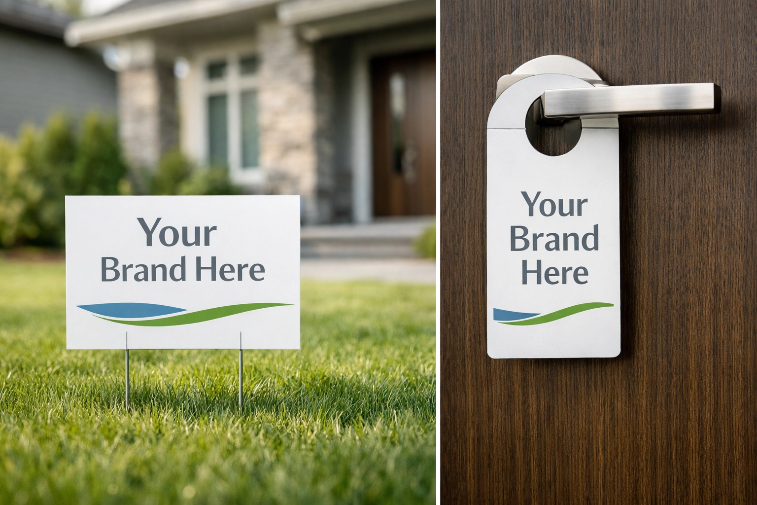 Custom yard sign and door hanger promoting a local service business at a residential home.