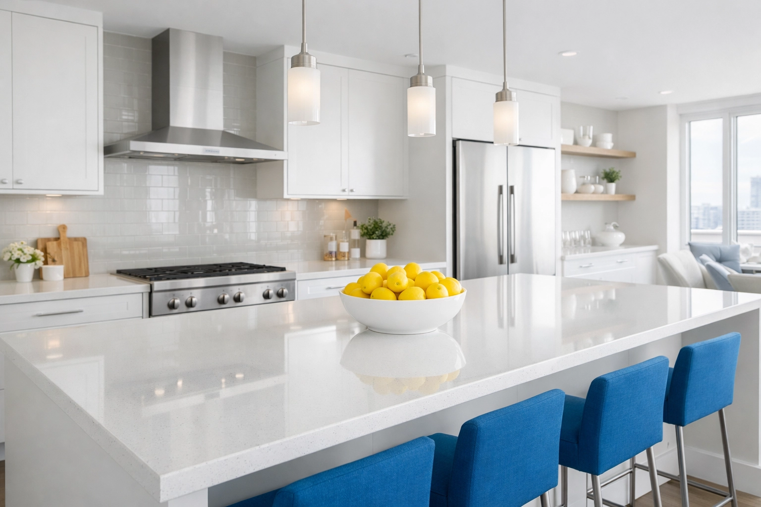 Pristine Seaport luxury kitchen showing the results of a Boston apartment move-out cleaning service.