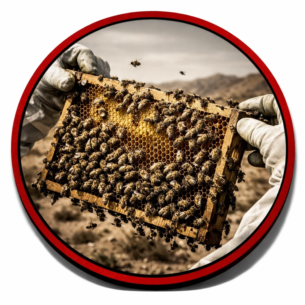Beekeeper's hands holding honeycomb frame during humane live bee relocation process