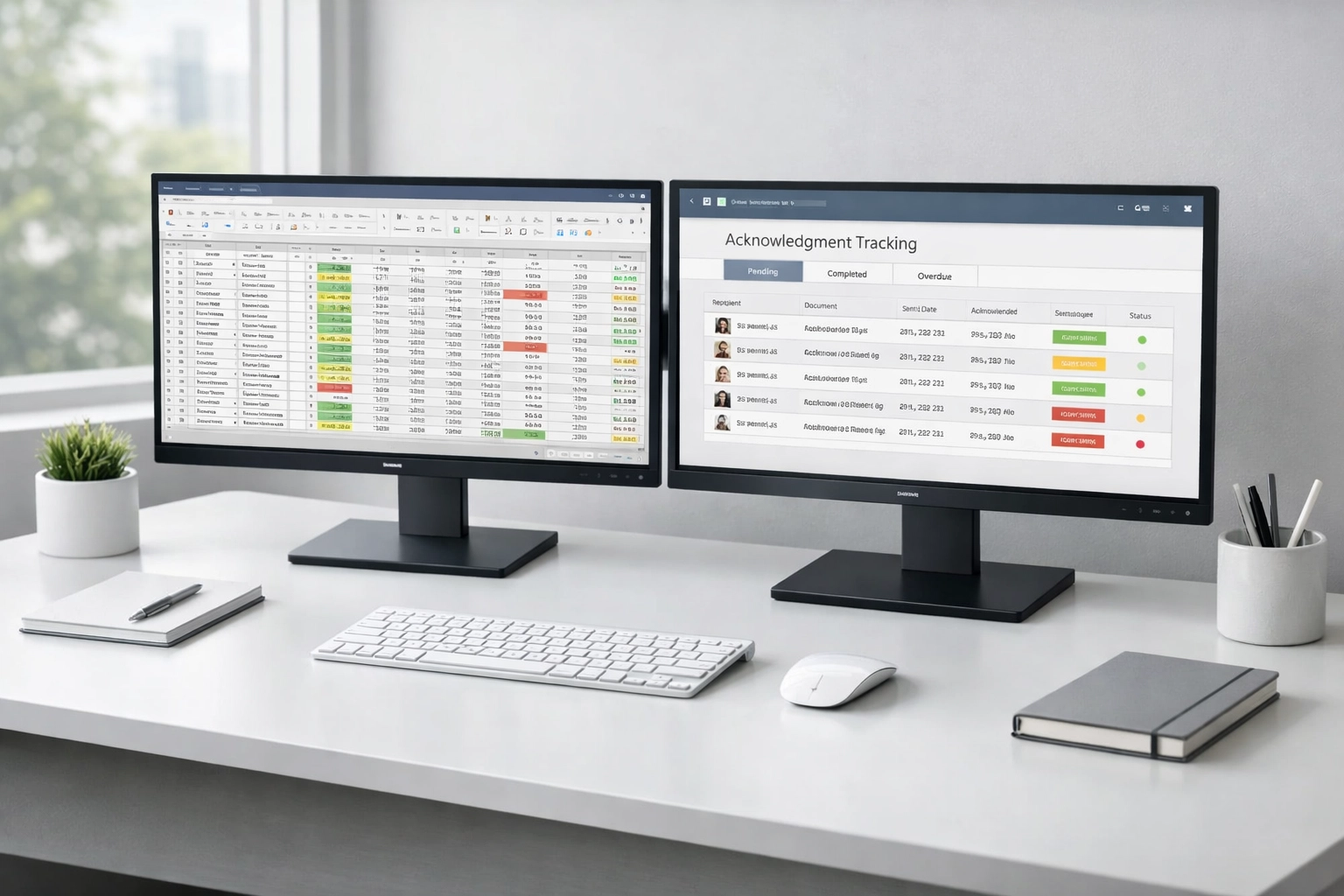 Dual monitor setup showing Ohio tax return tracking and acknowledgment software