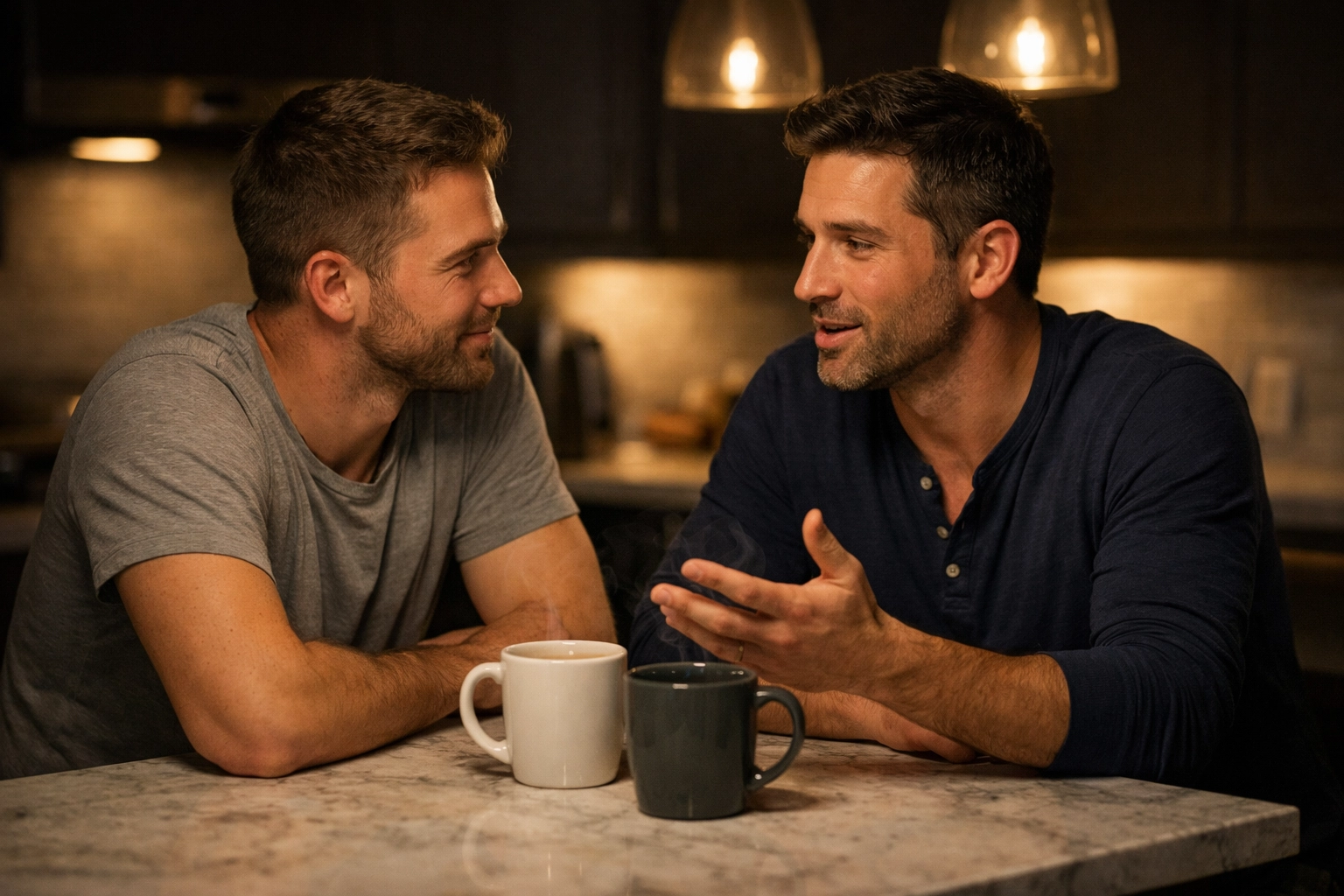 Gay couple having intimate midnight conversation at kitchen counter with tea