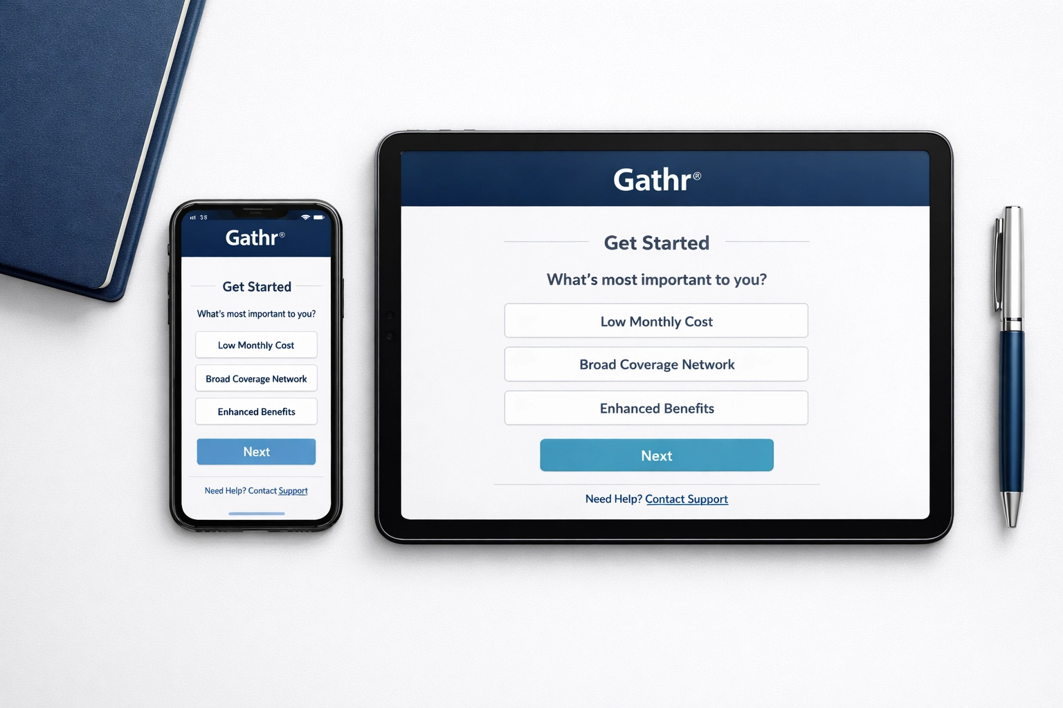 Gathr platform mobile enrollment interface on smartphone and tablet devices