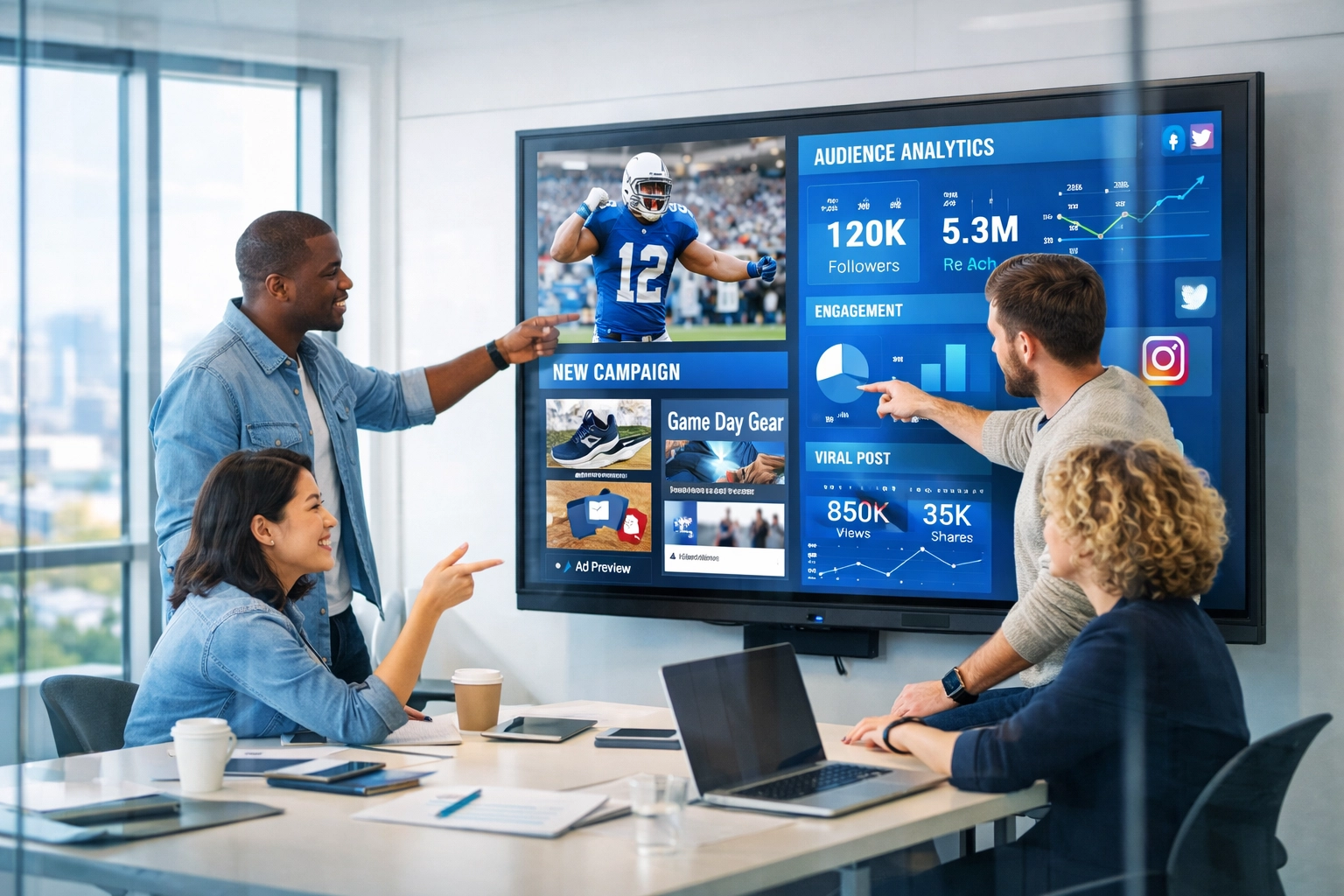 Sports marketing team collaborating on content strategy and analytics in modern conference room