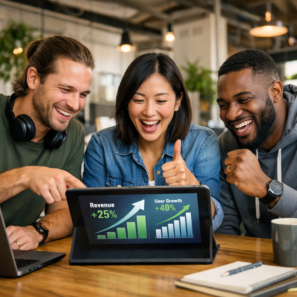 IT team reviewing ServiceNow ROI performance metrics and ITOM growth charts in a modern office.
