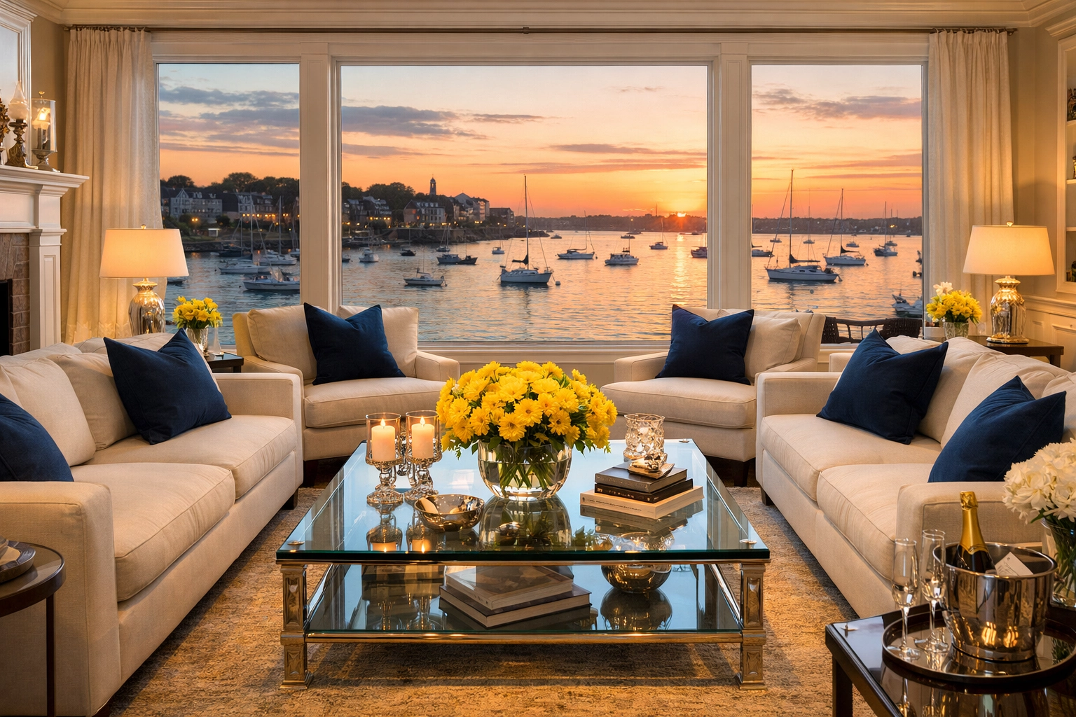 Impeccable living room in a Marblehead mansion maintained by professional Marblehead house cleaning experts.