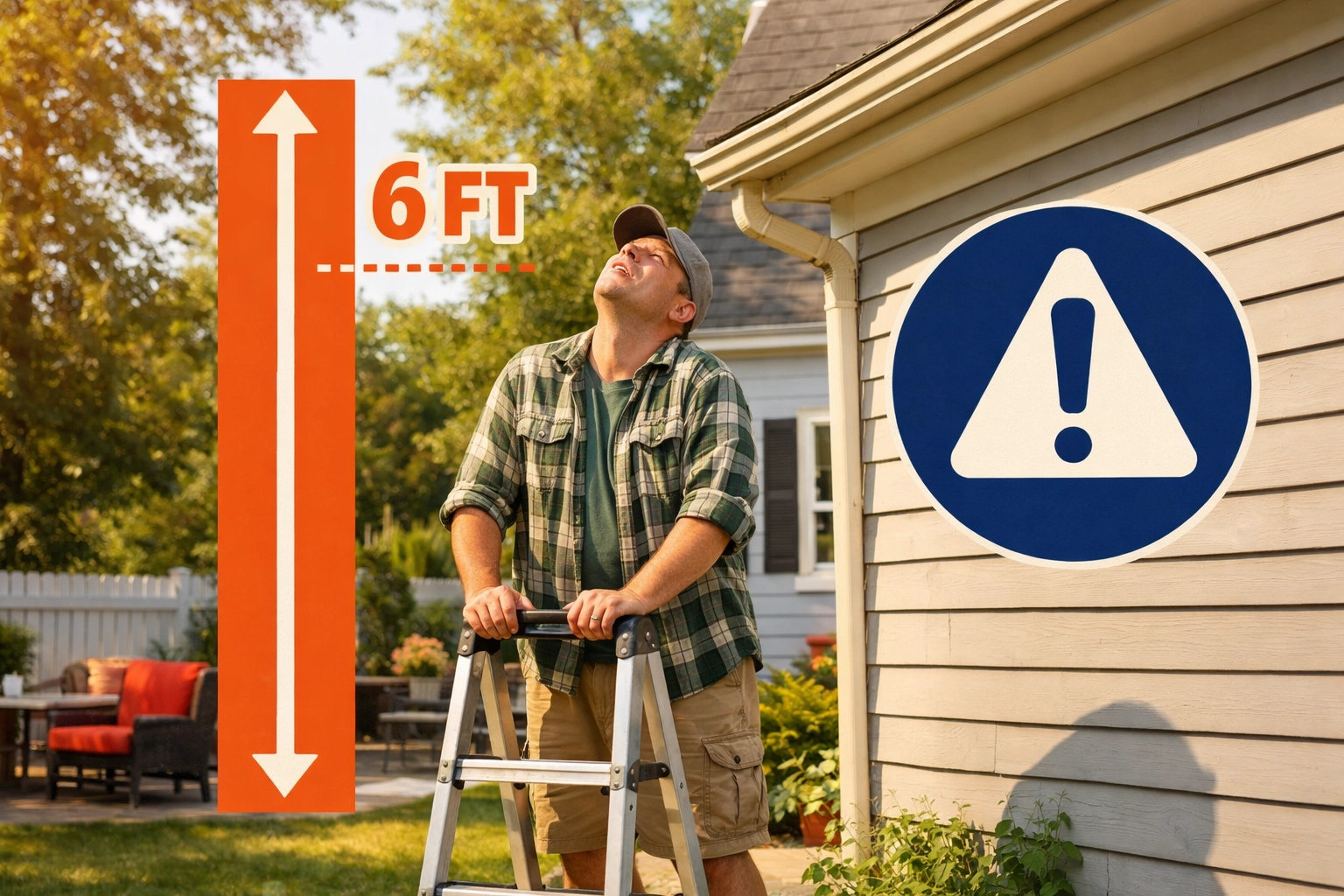 Homeowner in Burlington using a ladder that is too short to reach roof gutters safely.