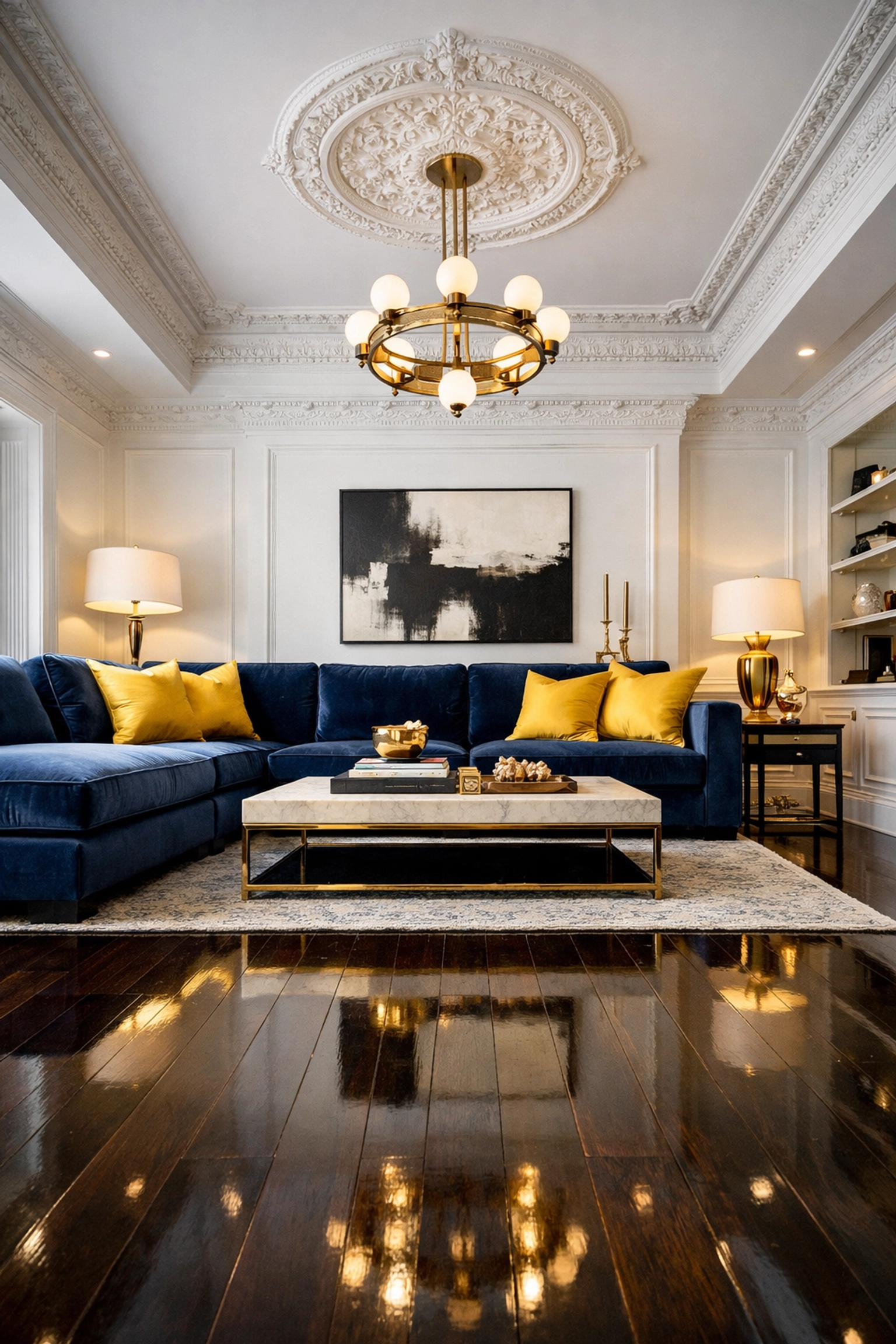 Spotless grand living room with polished floors and navy sofa, highlighting expert luxury house cleaning in Andover.