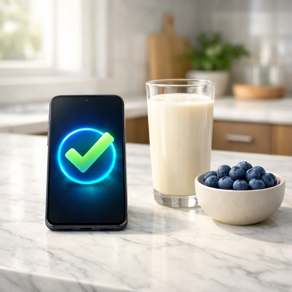 Smartphone showing a secure AI transaction checkmark illustrating verifiable intent in agentic commerce.