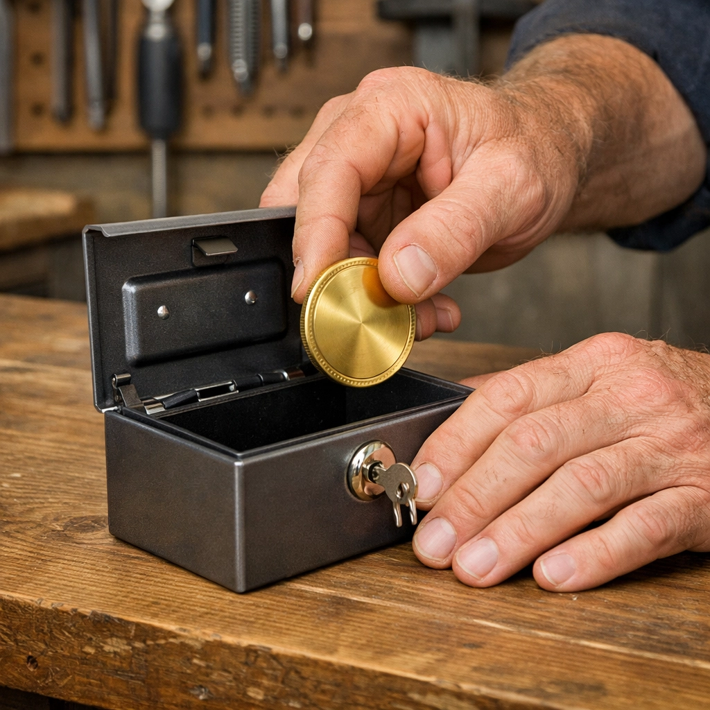 Craftsman placing a coin in a secure box symbolizing the Family Banking strategy and private asset protection.