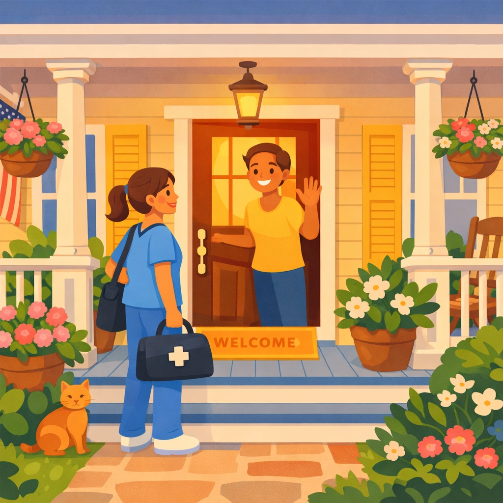 Home care nurse arriving at family home in Georgia for pediatric nursing visit