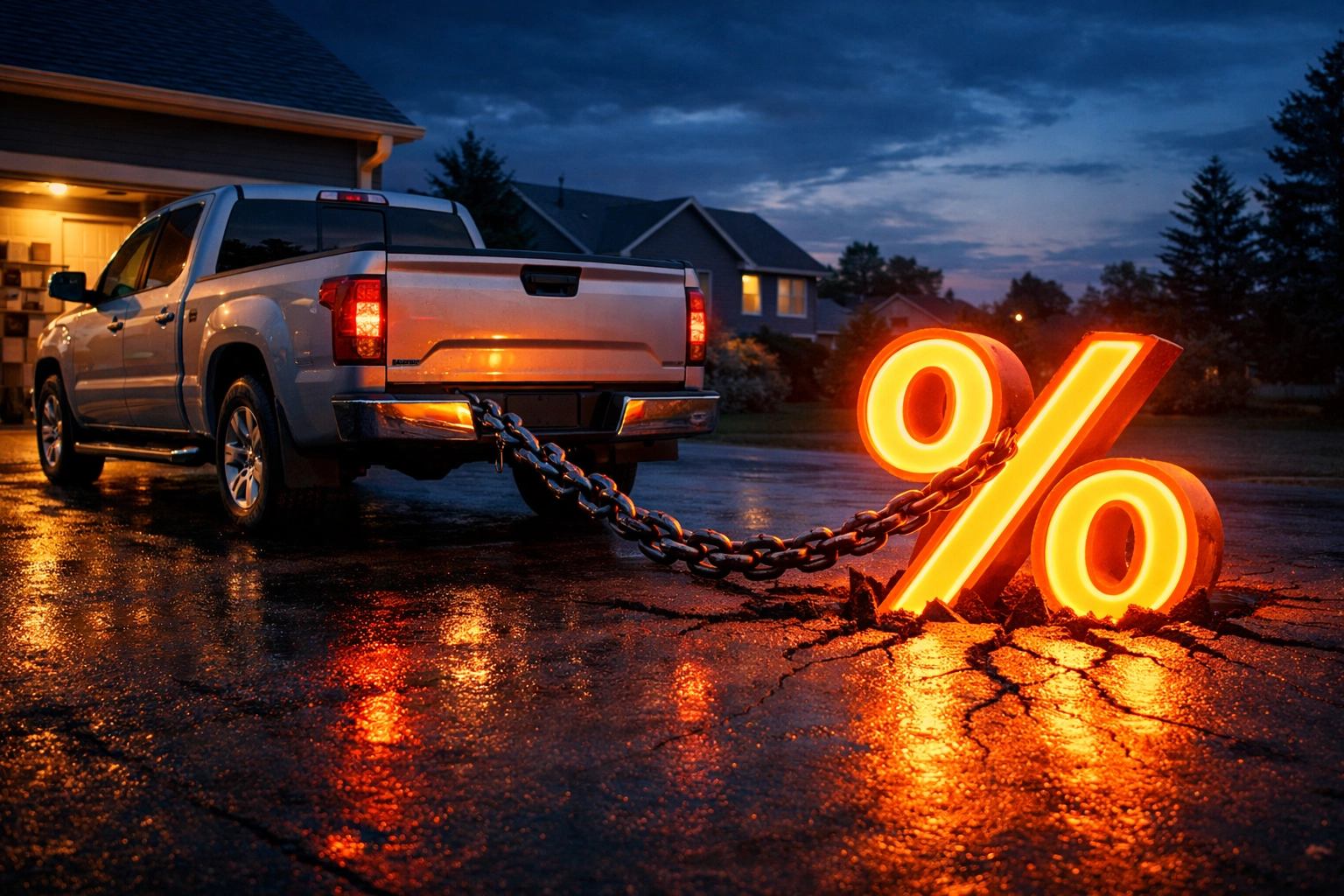 Pickup truck dragging a heavy interest rate percentage symbol showing the burden of high loan rates.