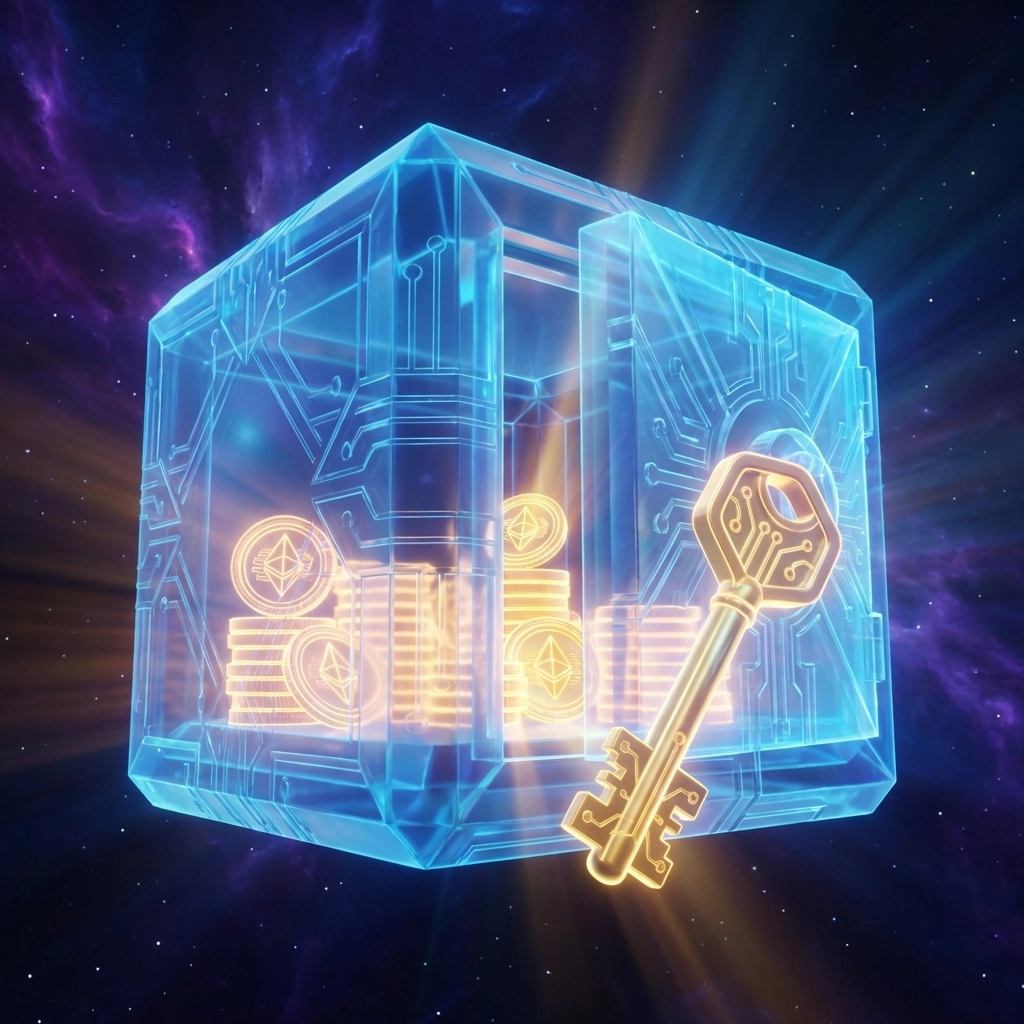 Glowing vault with golden key illustrating Larecoin self-custody and financial sovereignty for crypto payments