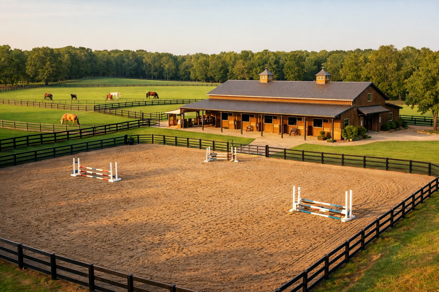 Mid-size equestrian training facility in Waxhaw with riding arena, barn, and pastures