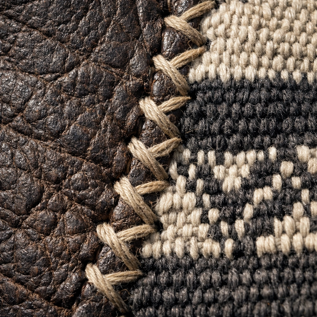 Detail of sustainable regenerative leather joined with traditional Arhuaco indigenous textile weaving.