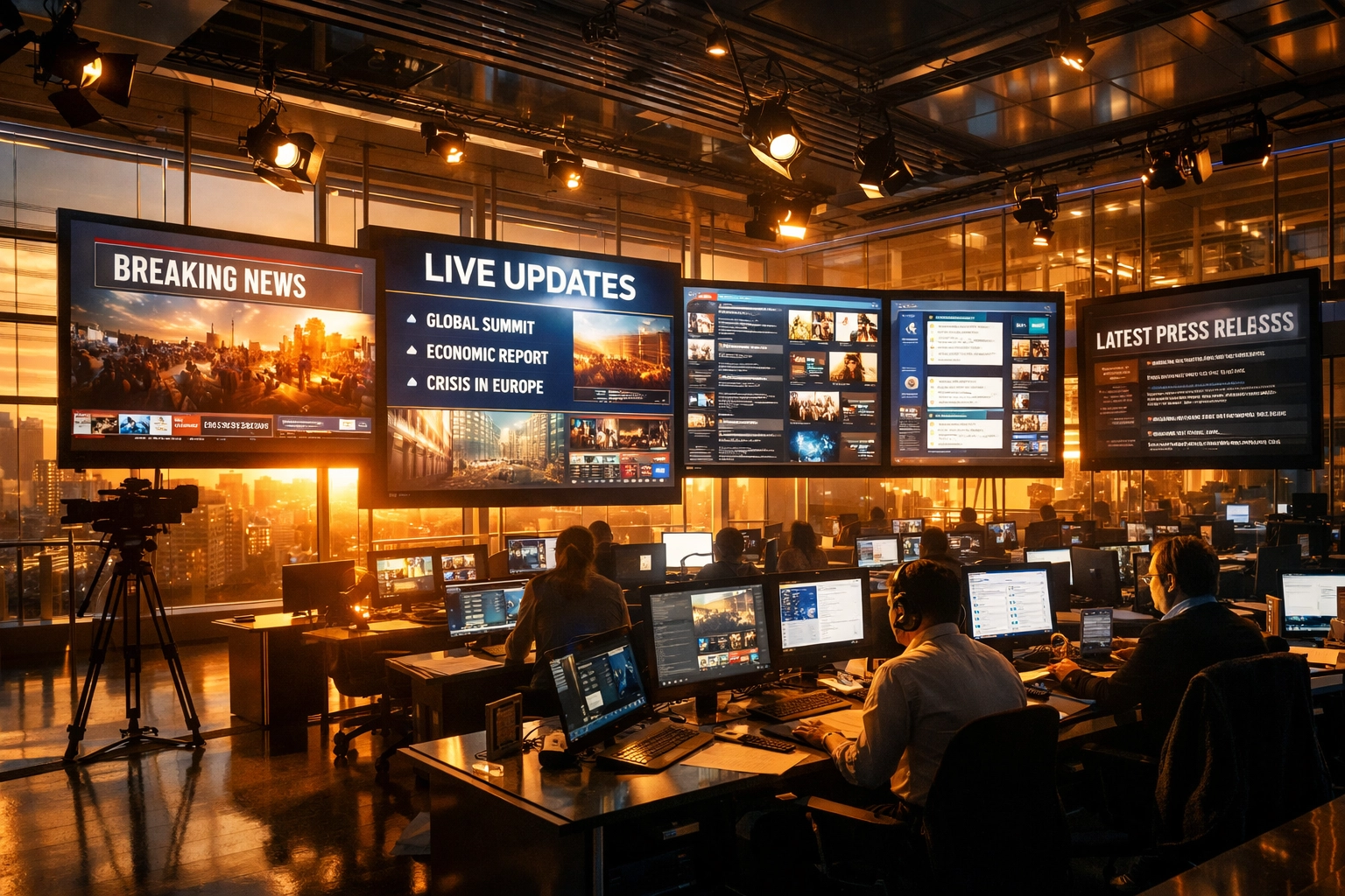 Modern media center with multiple screens showing integrated press distribution