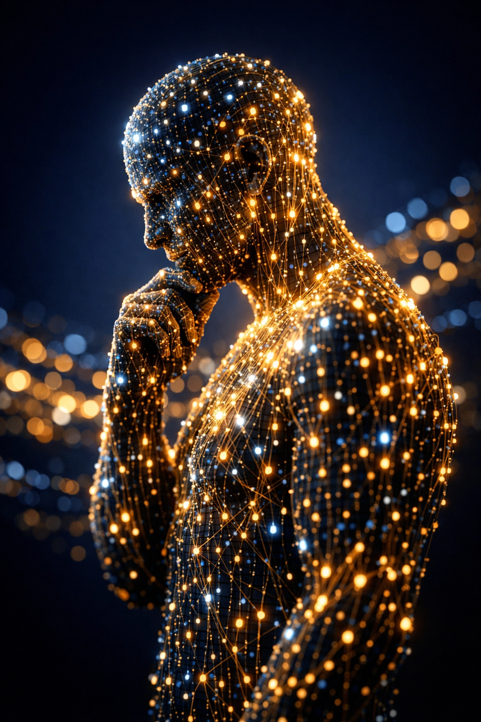 Silhouette of a human figure formed by glowing data points representing human-centered AI marketing.