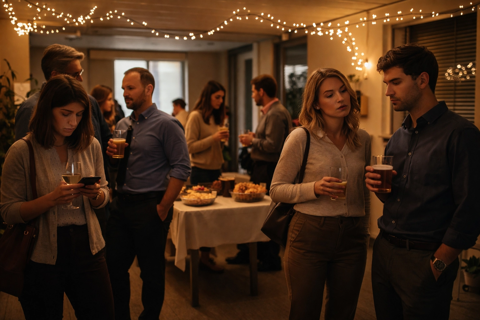 Awkward office happy hour with colleagues standing apart, highlighting ineffective social events and need for real connection.