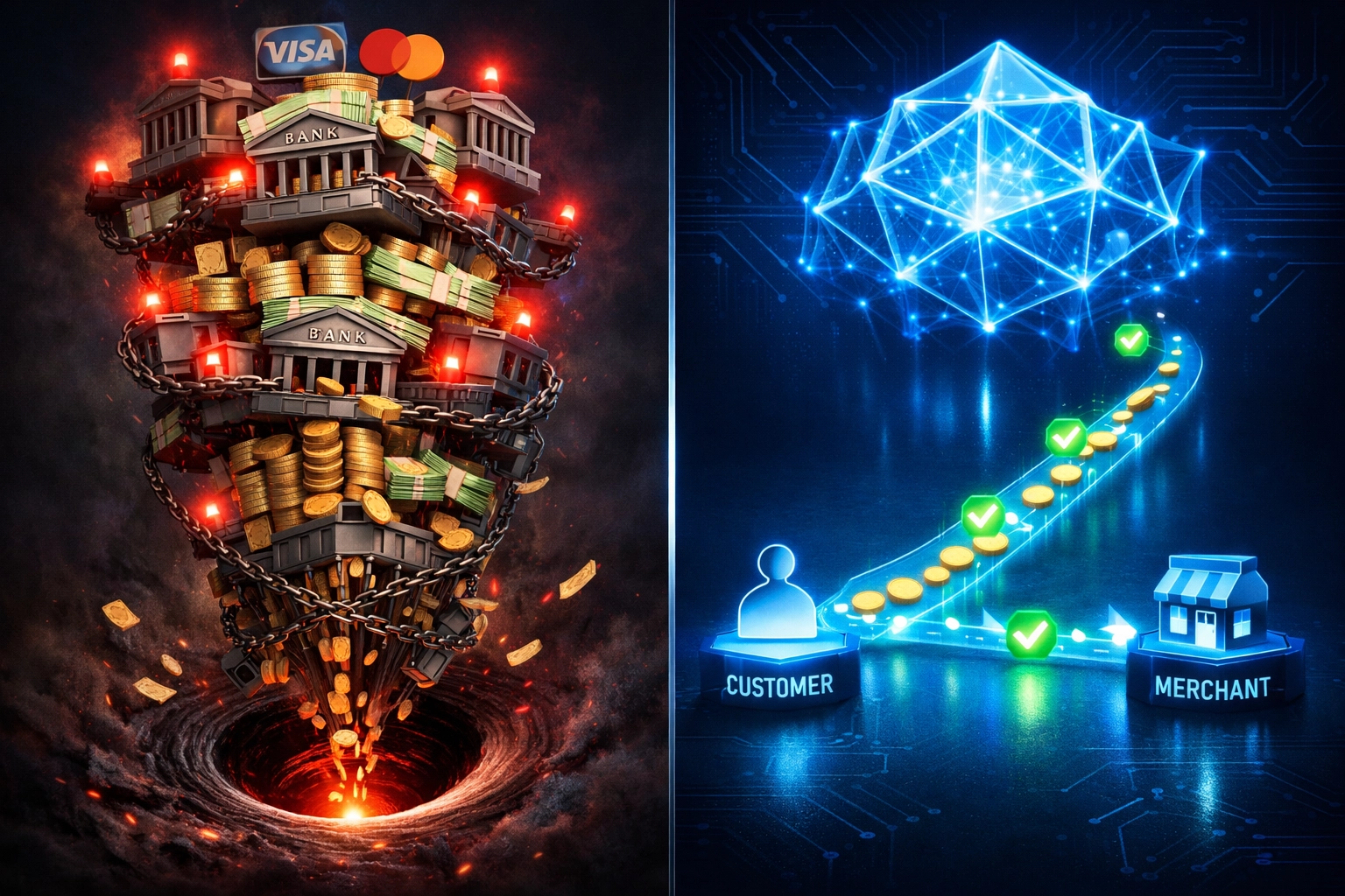 Comparison of traditional payment processing fees versus Web3 blockchain payments with lower costs