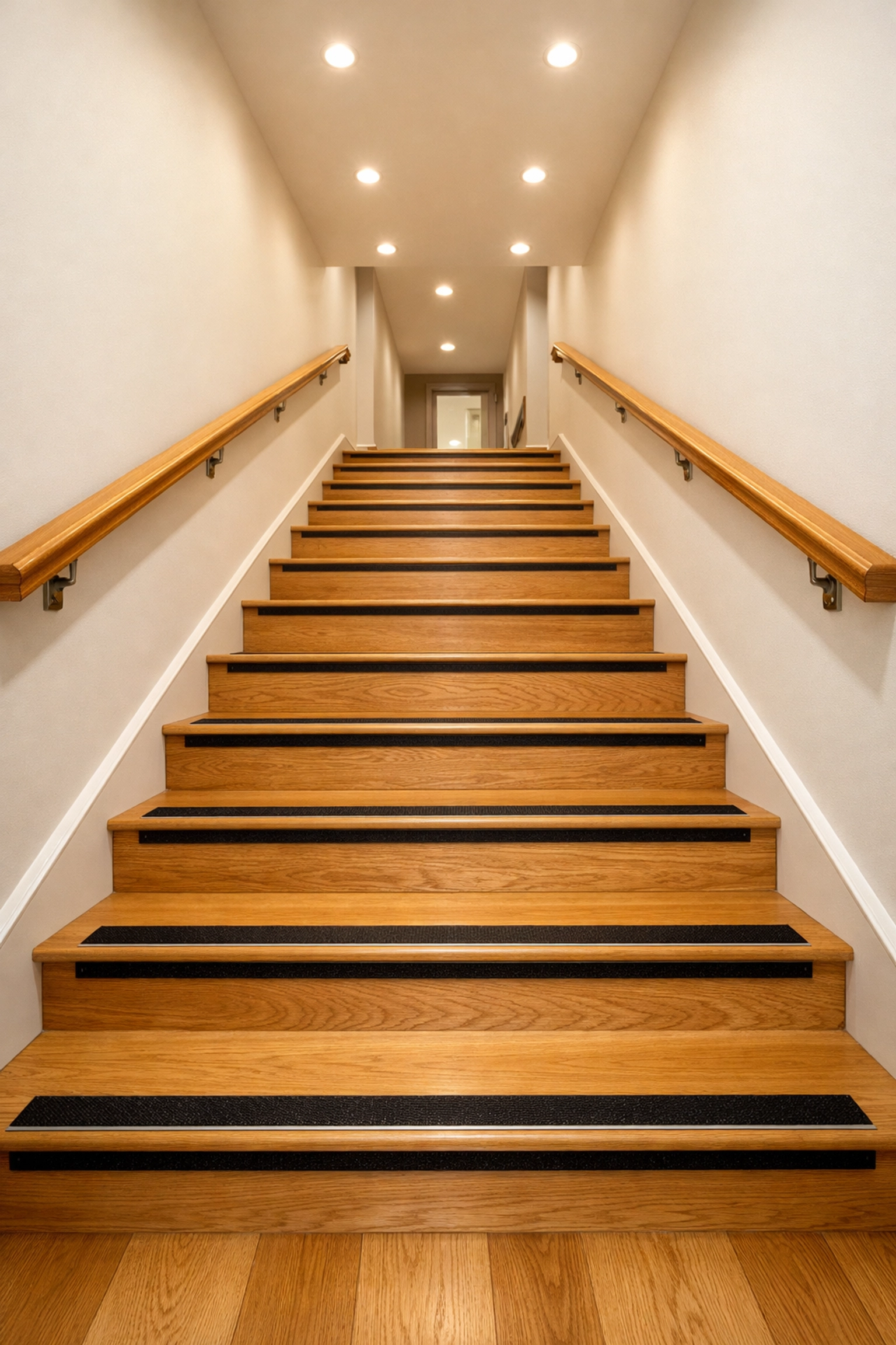 Safe wooden staircase with double handrails and high-contrast non-slip safety strips on every step.